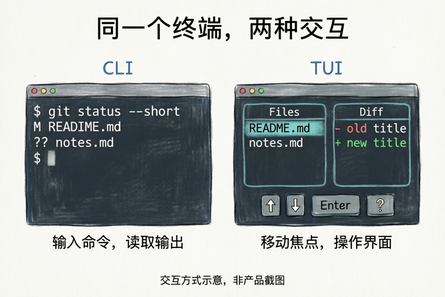 CLI 与 TUI 的交互对照:左侧输入 git status --short 后得到文件状态;右侧在文件列表中选中 README.md,并在相邻面板查看改动。