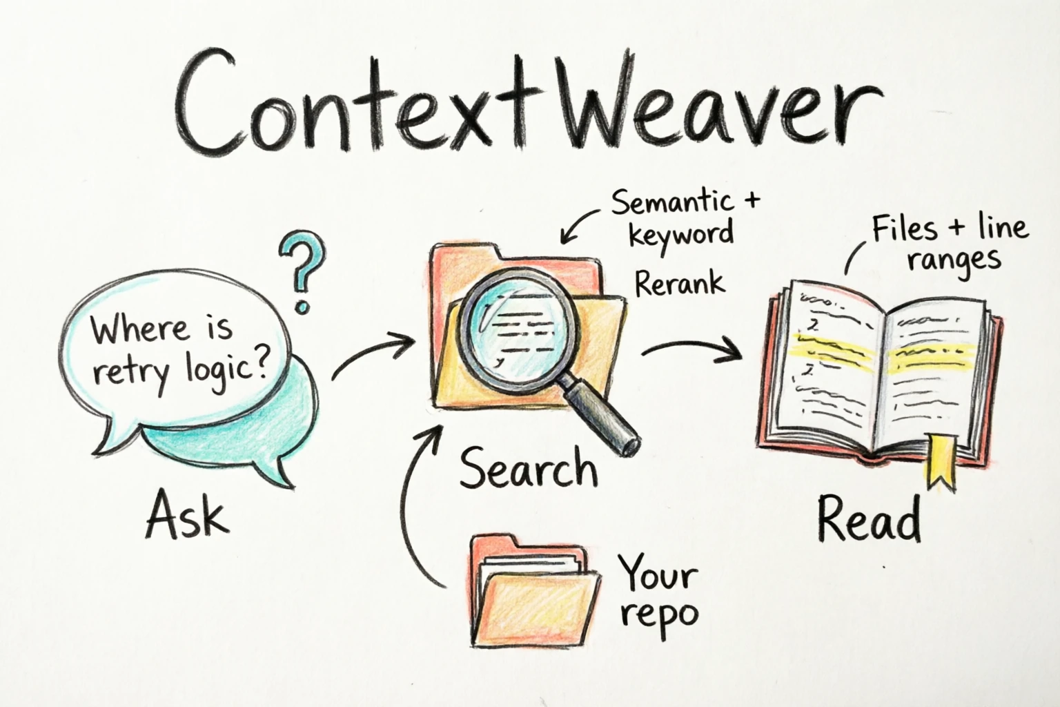 Hand-drawn ContextWeaver workflow: ask where retry logic lives, search the repository using semantic and keyword retrieval with reranking, then read code with file paths and line ranges.